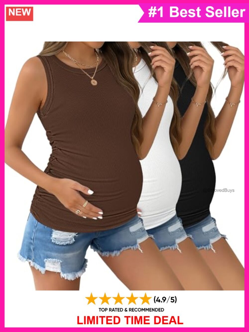Maternity Tank Tops 3 Pack Ribbed Pregnancy Shirts Ruched Sides Crew Neck